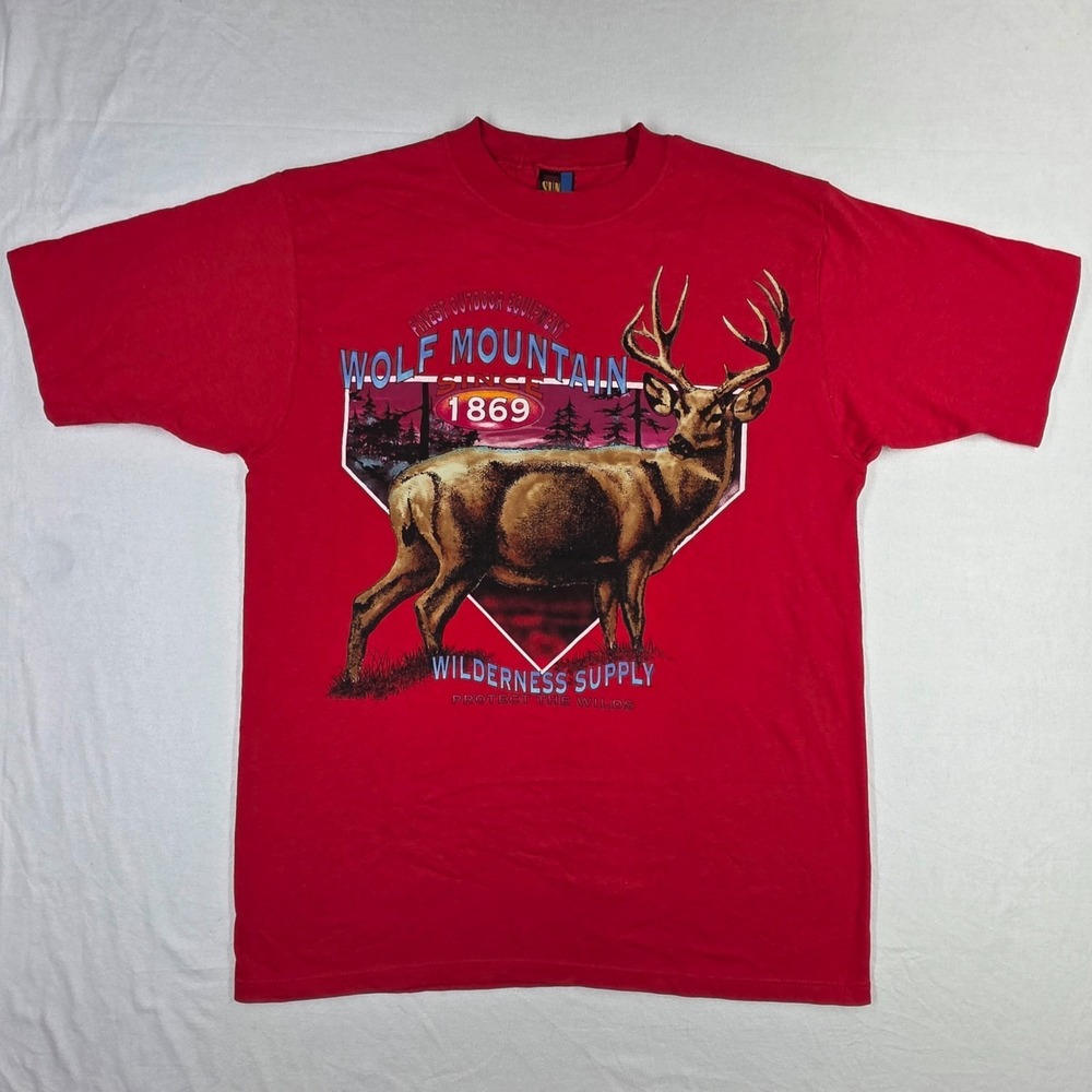 VINTAGE SUN WOLF MOUNTAIN TSHIRT SINGLE STITCH MENS L RED MADE IN USA CAMPING